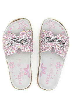 Ciabatte bianche con fantasia rosa e catena decorativa Pitt Kids 14506