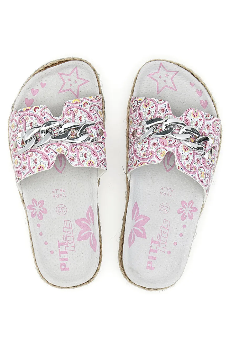 Ciabatte bianche con fantasia rosa e catena decorativa Pitt Kids 14506