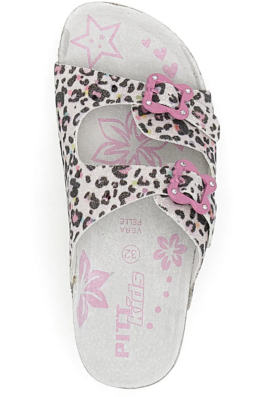 Ciabatte Bianche Leopardate con Dettagli Rosa Pitt Kids 14459