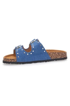 Ciabatte blu in denim con borchie e doppia fibbia PITTARELLO SUN SR001