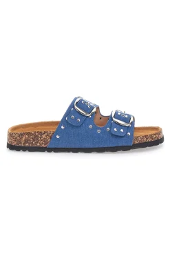 Ciabatte blu in denim con borchie e doppia fibbia PITTARELLO SUN SR001