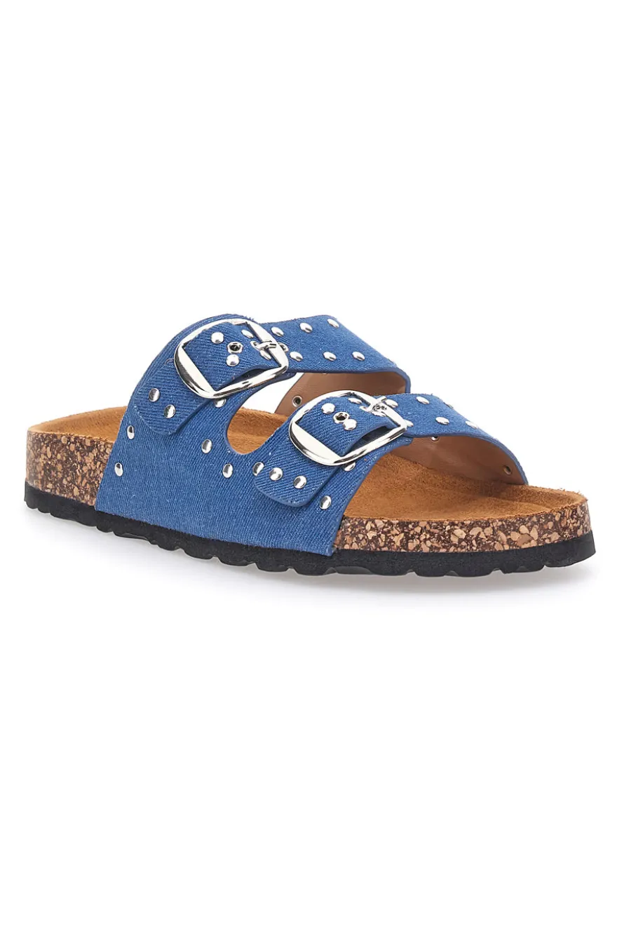 Ciabatte blu in denim con borchie e doppia fibbia PITTARELLO SUN SR001