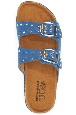 Ciabatte blu in denim con borchie e doppia fibbia PITTARELLO SUN SR001