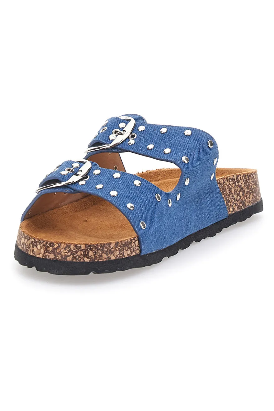 Ciabatte blu in denim con borchie e doppia fibbia PITTARELLO SUN SR001