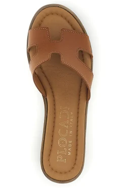 Ciabatte cuoio mules con fascia traforata e tacco effetto legno Made in Italy Plocadi 046525