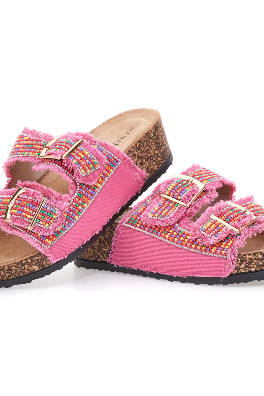 Ciabatte fucsia platform con perline multicolor Dame Rose APY66