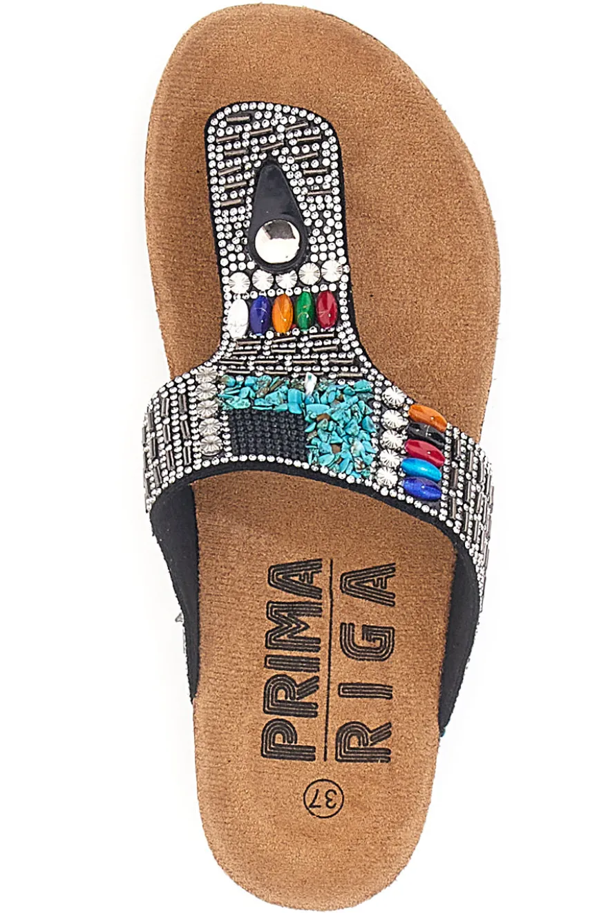 Ciabatte Infradito Nere Con Strass e Perline Prima Riga 14199