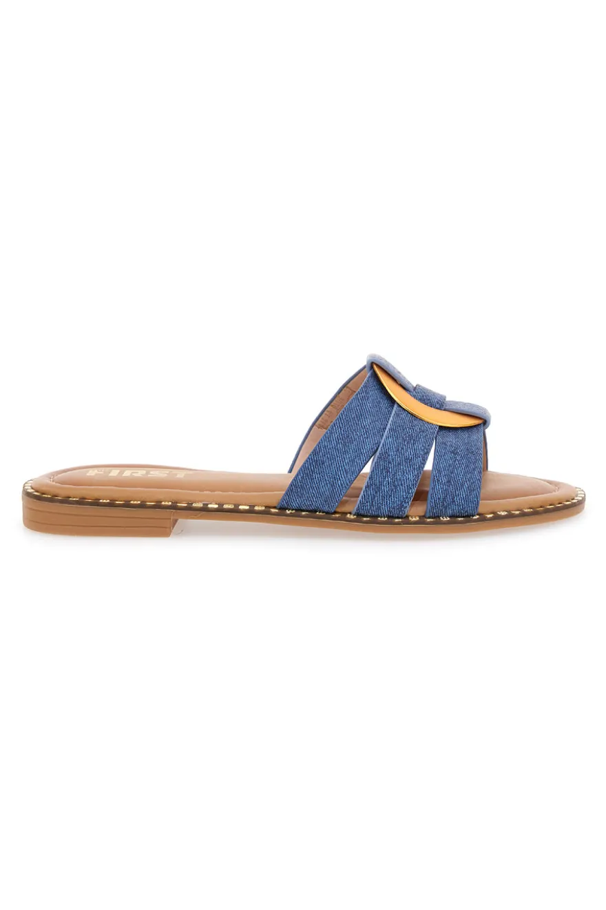 Ciabatte Jeans Con Suola Flat e Dettaglio Oro The First 19469