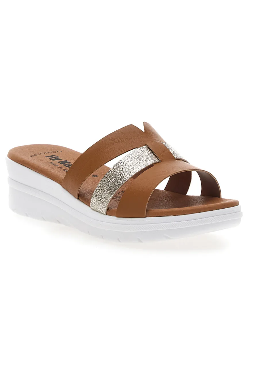 Ciabatte marrone con fascia glitter e zeppa Fly Nature 520