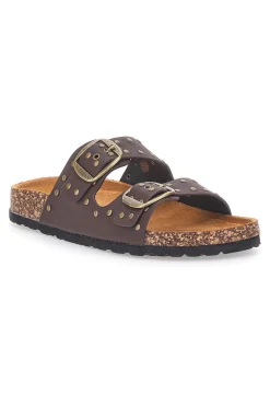 Ciabatte marroni in denim con borchie e doppia fibbia PITTARELLO SUN SR001