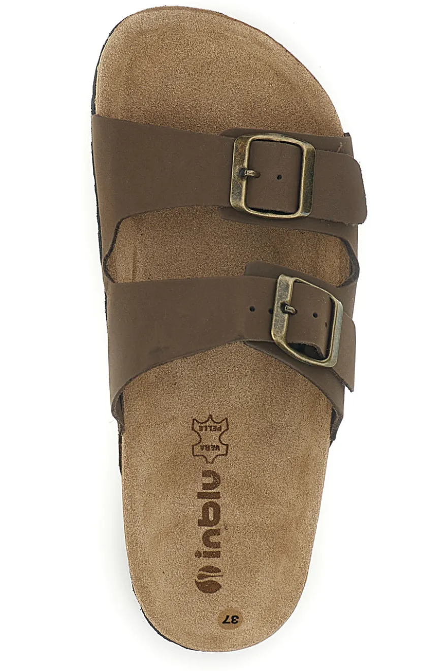 Ciabatte marroni in vera pelle con doppia fascia e fibbie Inblu 20 ND