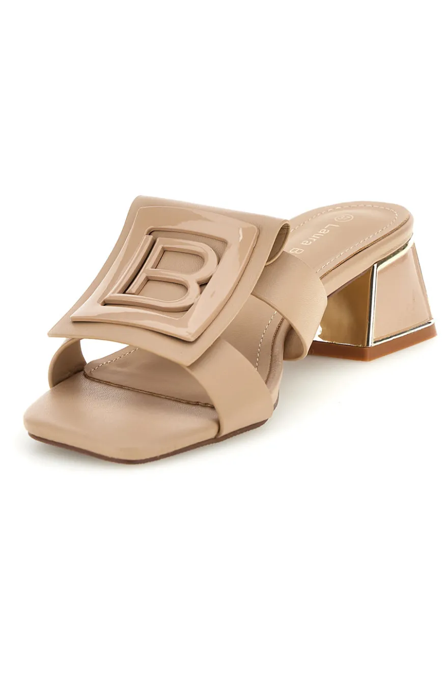 Ciabatte Mules beige con tacco basso e fascia decorativa Laura biagiotti 9730