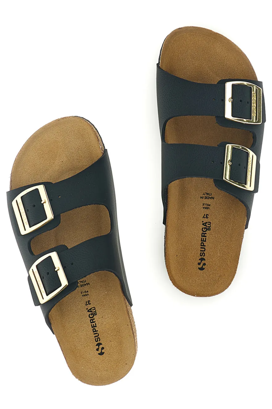 Ciabatte nere con doppia fascia regolabile Made in Italy in vera pelle Superga S31T823