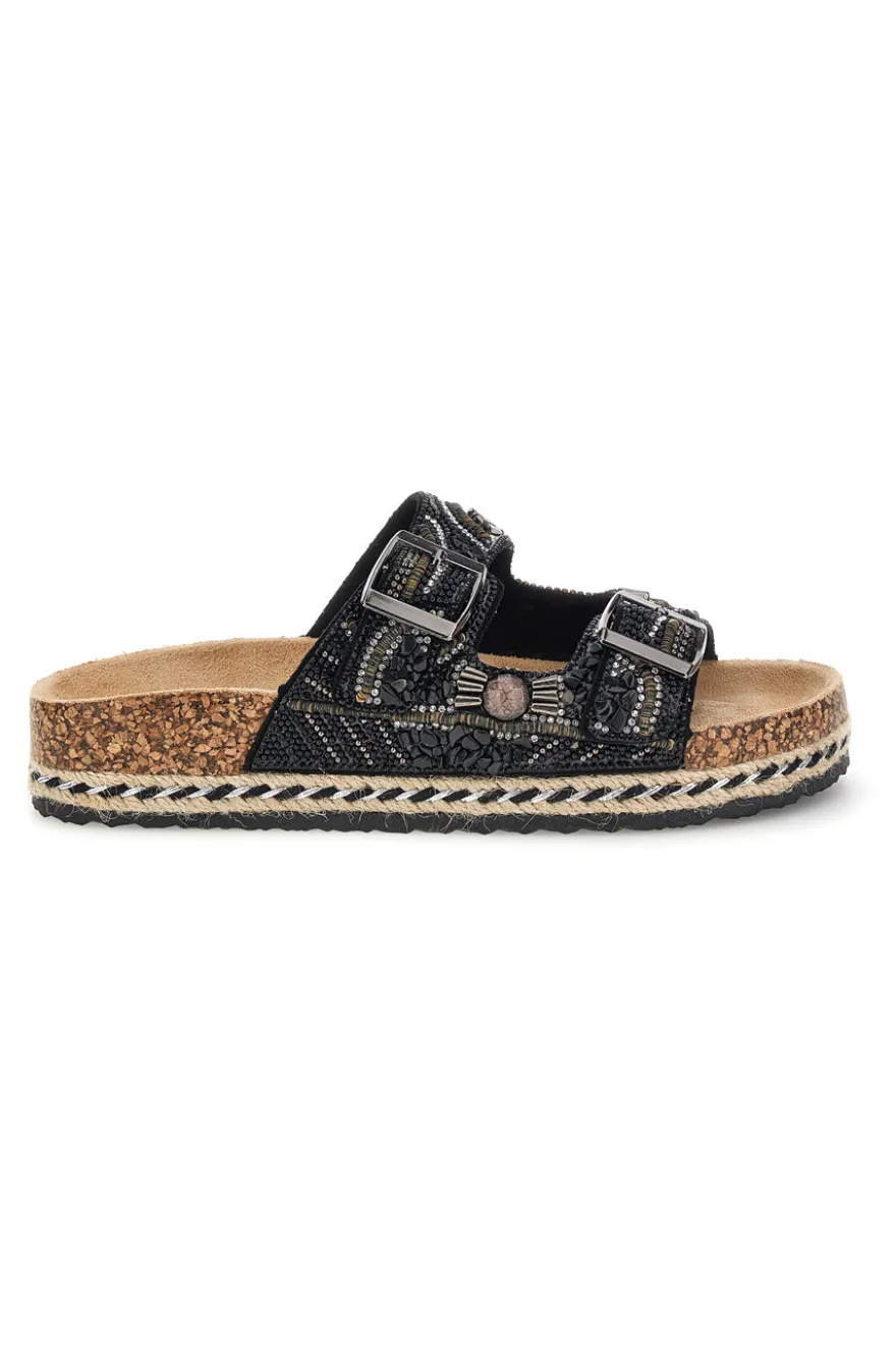Ciabatte nere con fibbie strass e dettagli ricamati Me & Me 15618