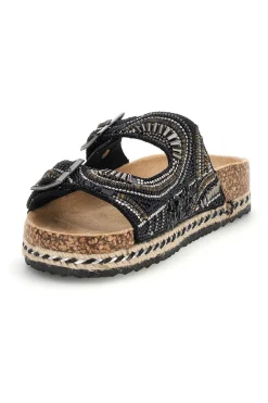 Ciabatte nere con fibbie strass e dettagli ricamati Me & Me 15618