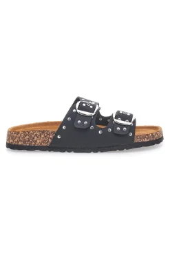 Ciabatte nere in denim con borchie e doppia fibbia PITTARELLO SUN SR001
