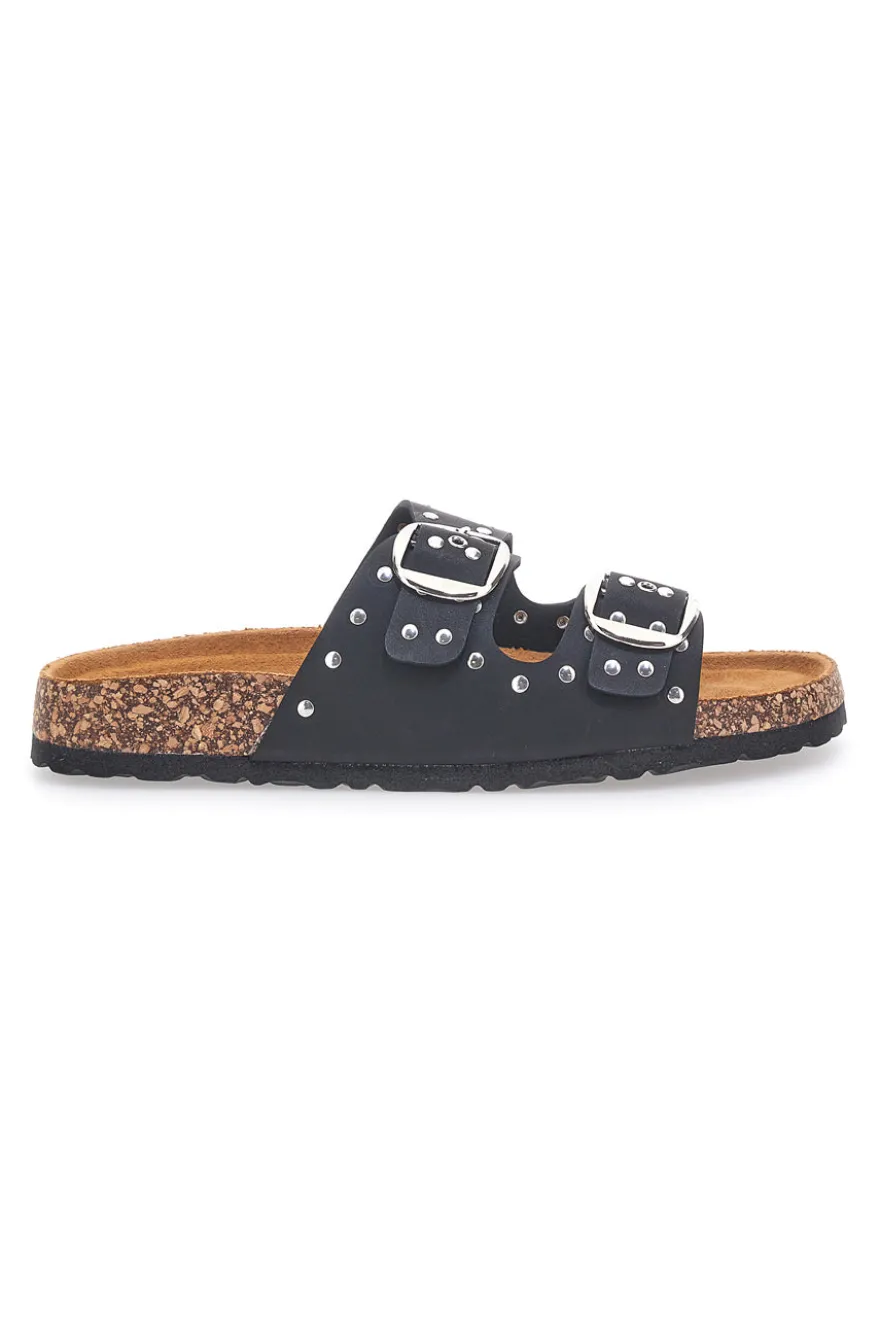 Ciabatte nere in denim con borchie e doppia fibbia PITTARELLO SUN SR001