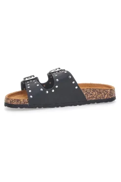 Ciabatte nere in denim con borchie e doppia fibbia PITTARELLO SUN SR001