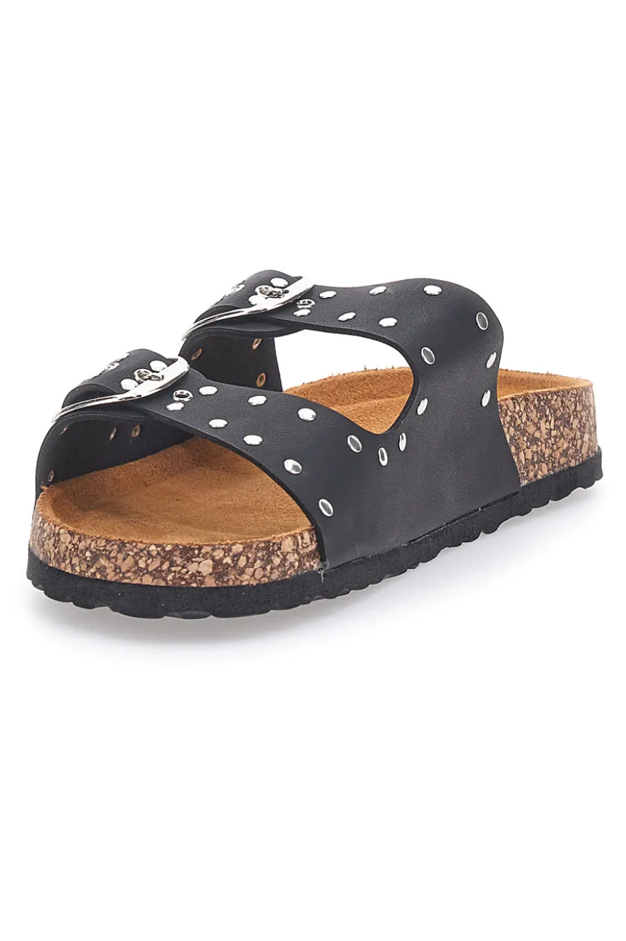 Ciabatte nere in denim con borchie e doppia fibbia PITTARELLO SUN SR001