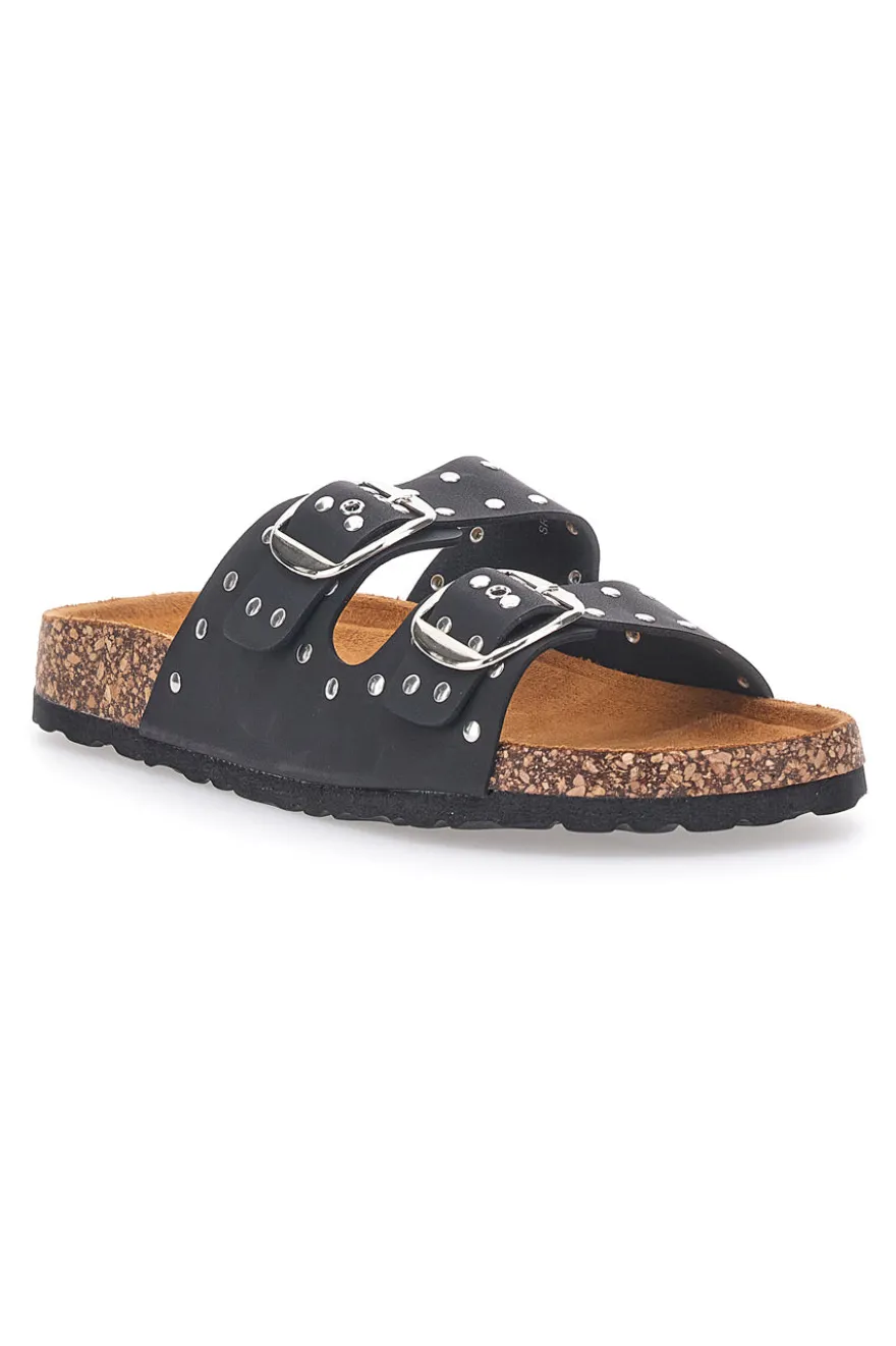 Ciabatte nere in denim con borchie e doppia fibbia PITTARELLO SUN SR001
