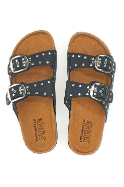 Ciabatte nere in denim con borchie e doppia fibbia PITTARELLO SUN SR001