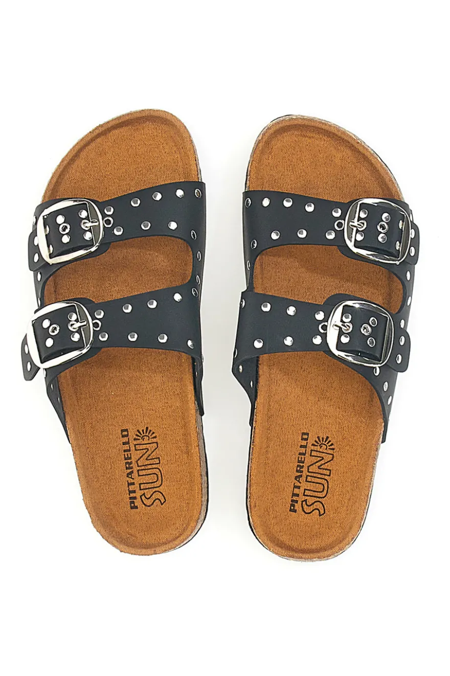 Ciabatte nere in denim con borchie e doppia fibbia PITTARELLO SUN SR001