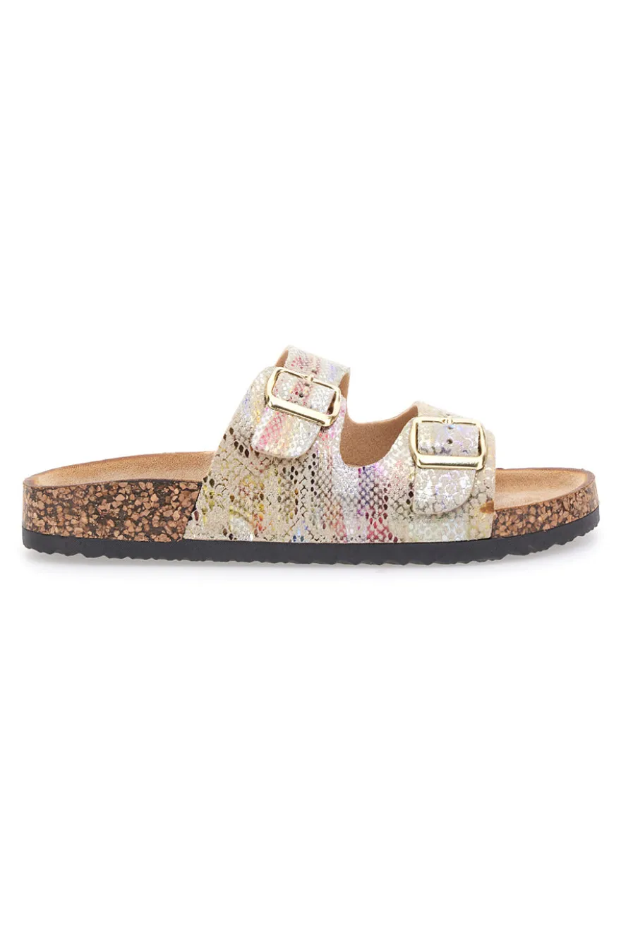 Ciabatte oro multicolor con doppia fibbia e suola effetto sughero PRIMA RIGA 14601