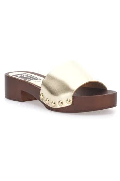 Ciabatte Zoccoli platino con borchie dorate e tacco basso Pittarello Love 9326