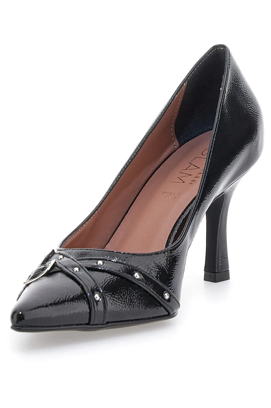 Décolleté nere con punta affusolata, fibbie e borchie Pittarello glam 3843