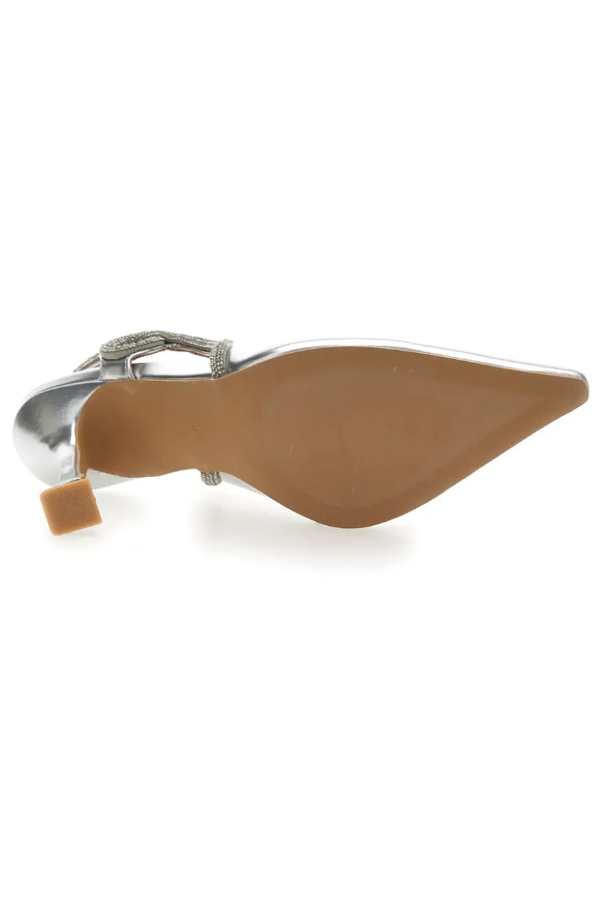 Décolleté Slingback Argento con Punta Sfilata e Cinturino con Strass Mon Dieu 8820H118