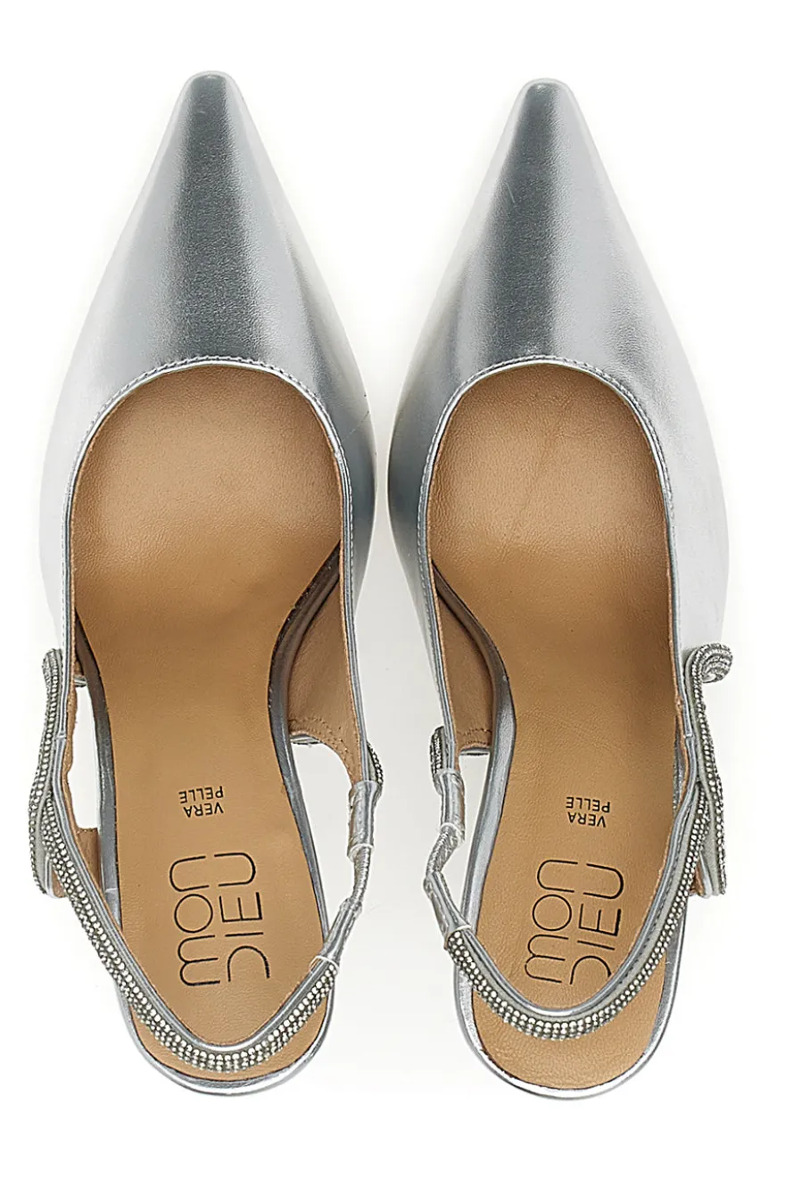 Décolleté Slingback Argento con Punta Sfilata e Cinturino con Strass Mon Dieu 8820H118