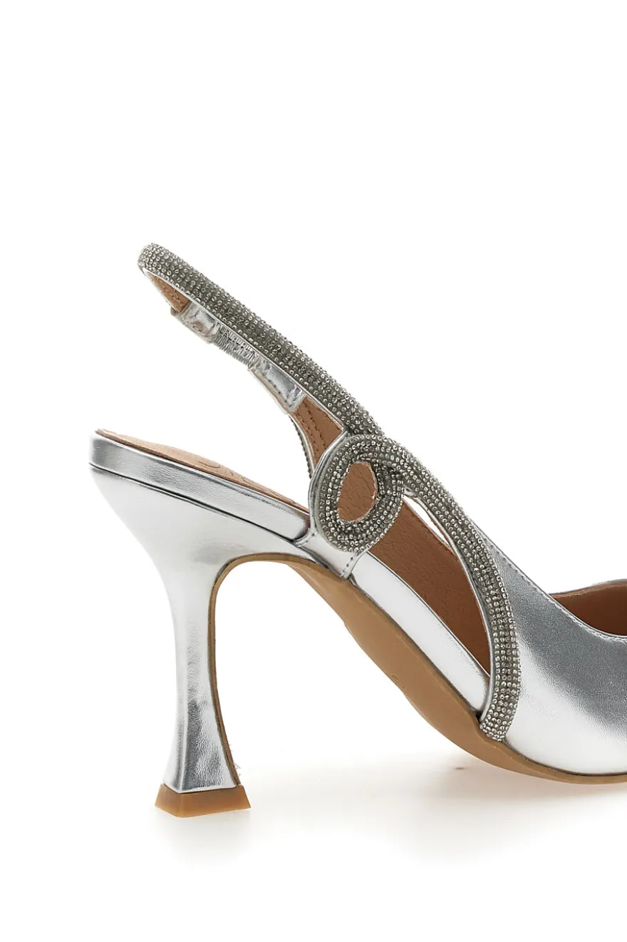 Décolleté Slingback Argento con Punta Sfilata e Cinturino con Strass Mon Dieu 8820H118
