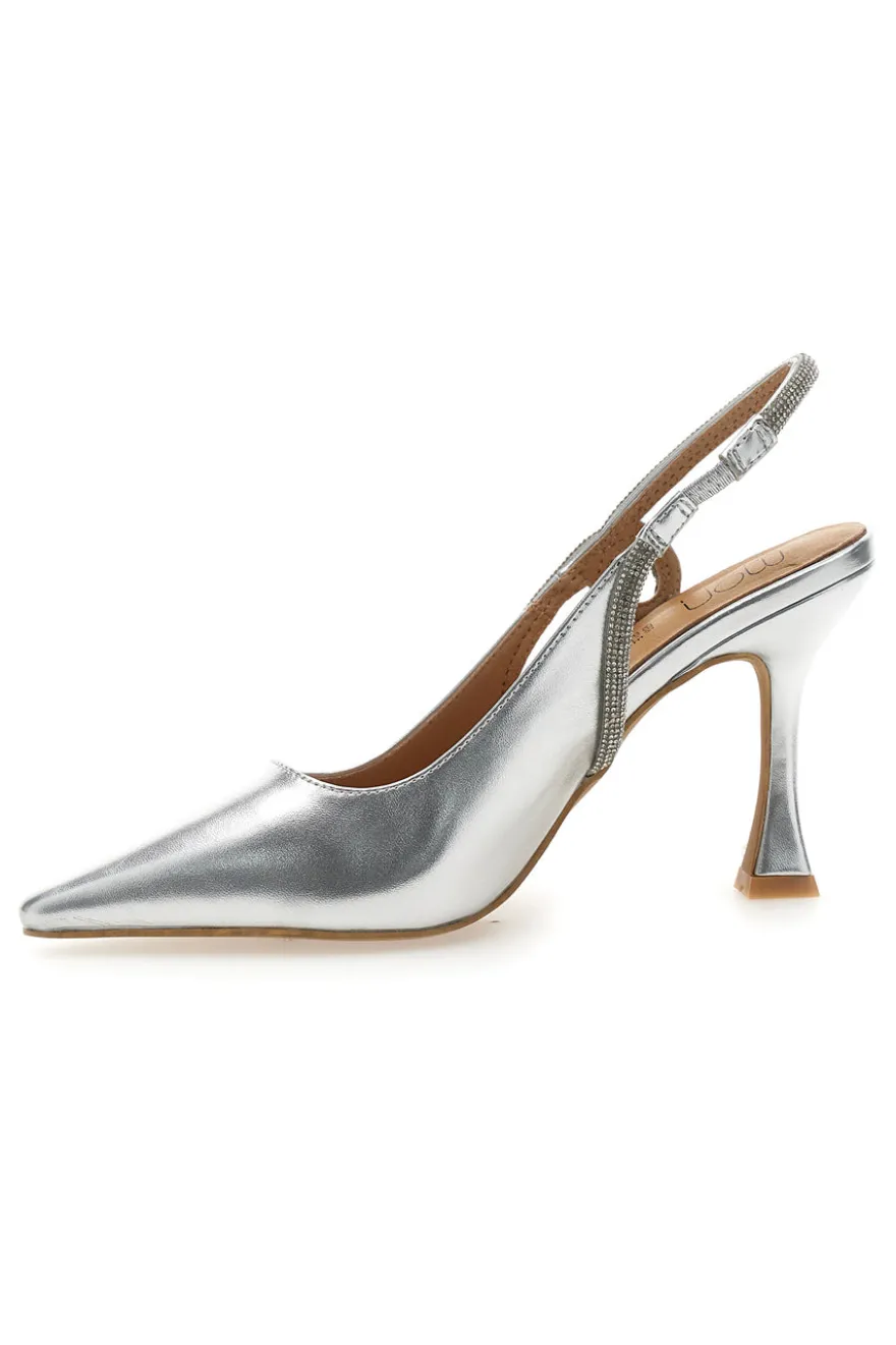 Décolleté Slingback Argento con Punta Sfilata e Cinturino con Strass Mon Dieu 8820H118