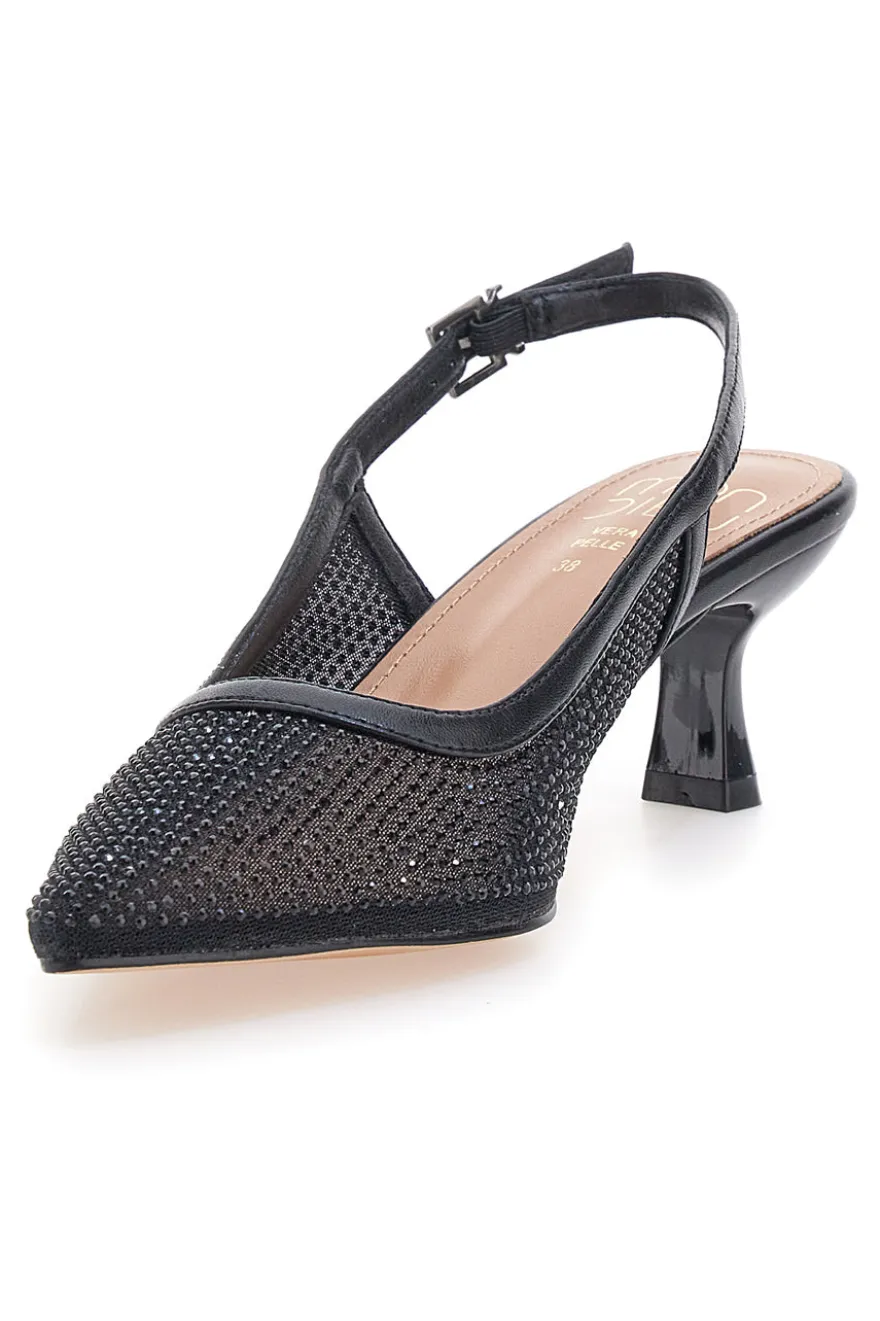 Décolleté slingback nere con strass e tacco basso Mon Dieu 632
