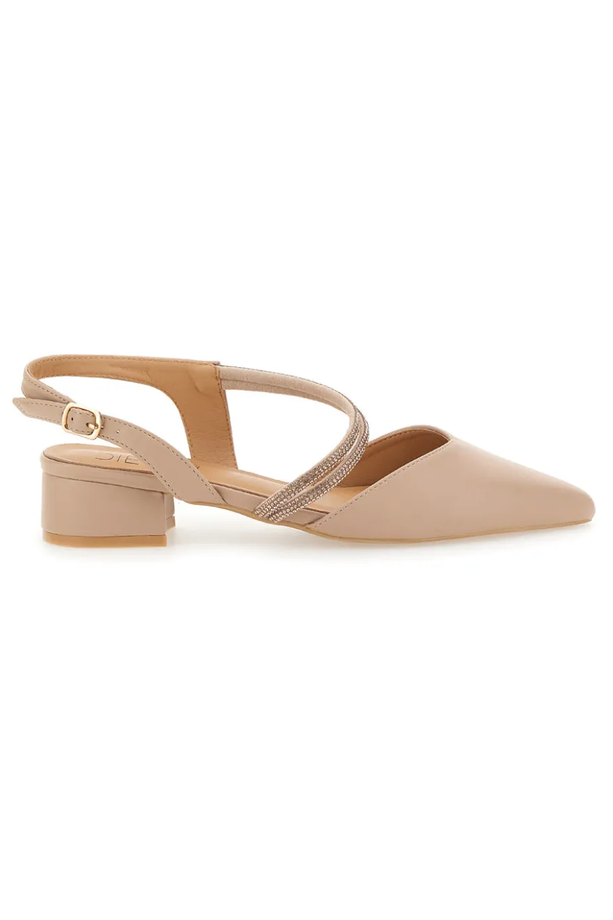 Décolleté Slingback Nude con Punta Sfilata e Cinturino con Strass Mon Dieu 883153