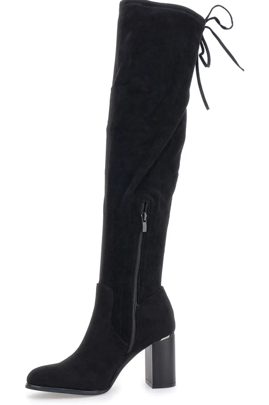 Energy I37224 Schwarze Overknee-Stiefel mit Blockabsatz und Schnürung hinten