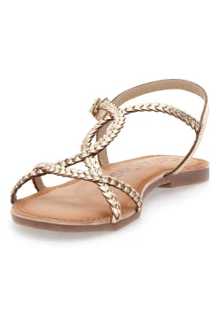 Flache Sandalen aus goldenem Cafè-Leder kosten 95106