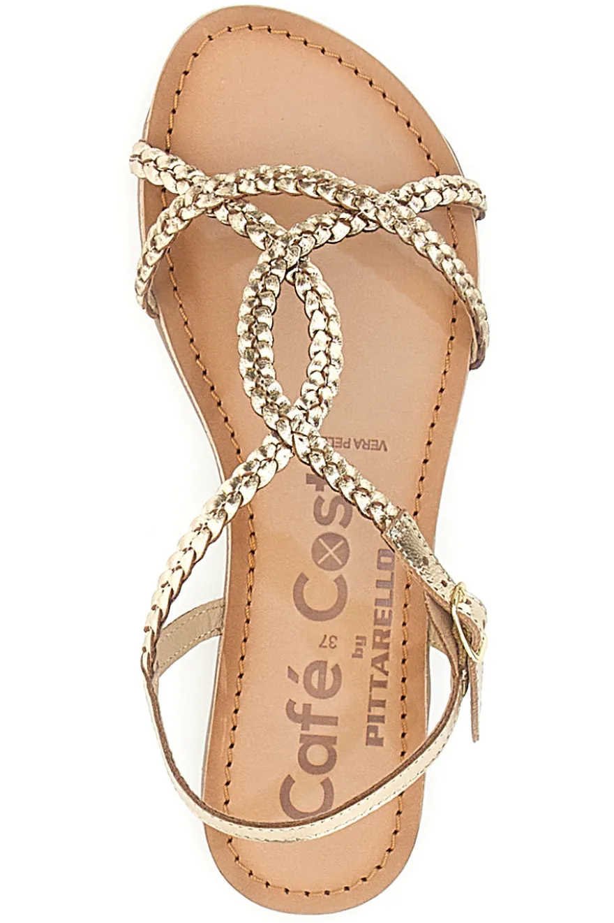 Flache Sandalen aus goldenem Cafè-Leder kosten 95106