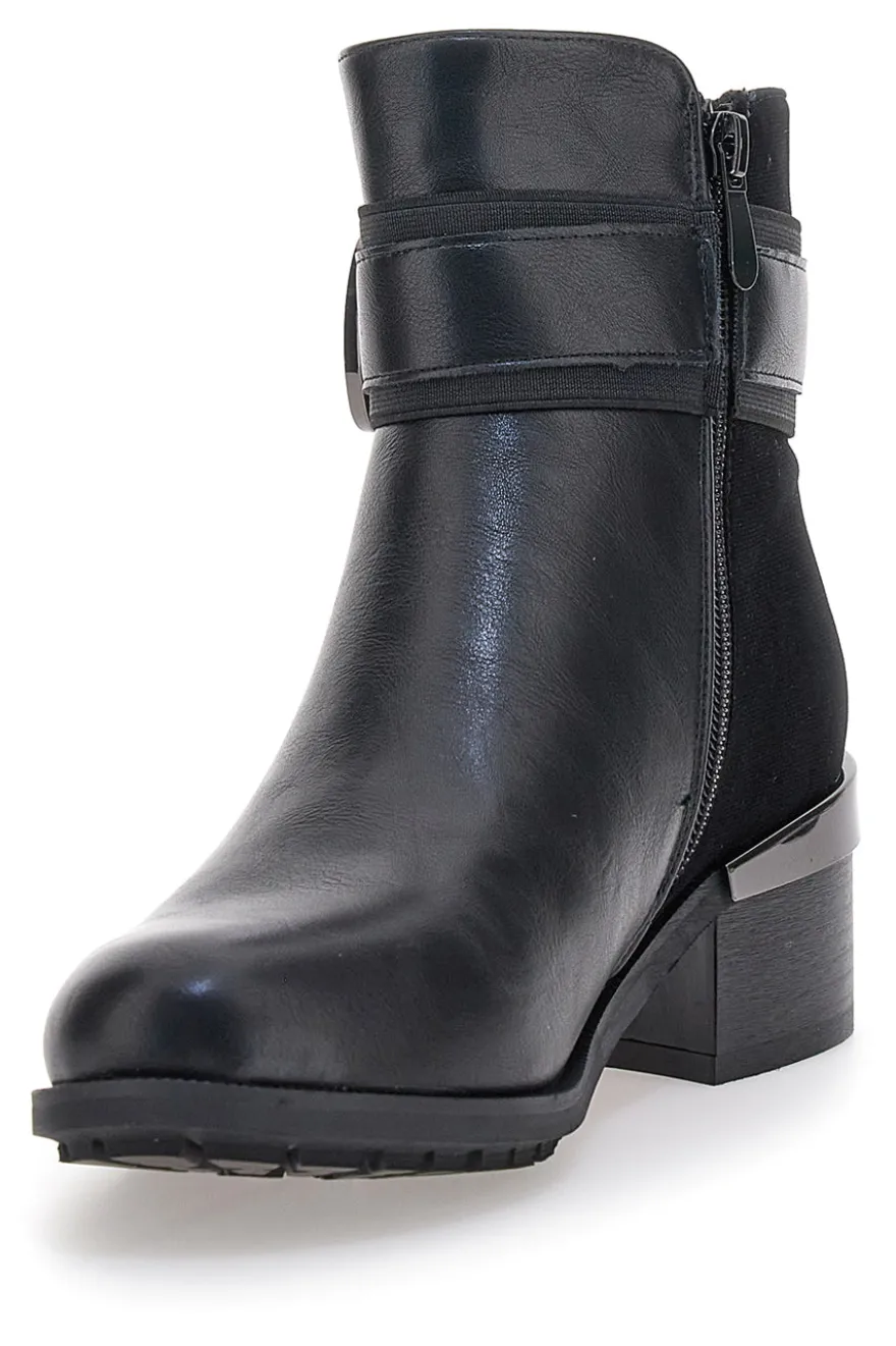 Gianmarco Venturi TR0330 schwarze Stiefeletten mit Riemen und Schnalle, mittlerer Absatz