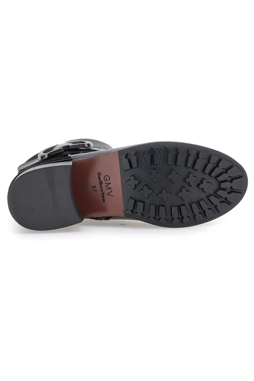 Gianmarco Venturi TR0330 schwarze Stiefeletten mit Riemen und Schnalle, mittlerer Absatz