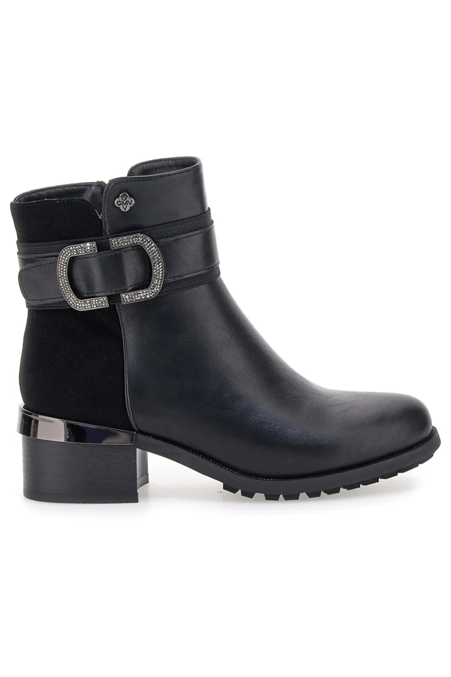 Gianmarco Venturi TR0330 schwarze Stiefeletten mit Riemen und Schnalle, mittlerer Absatz