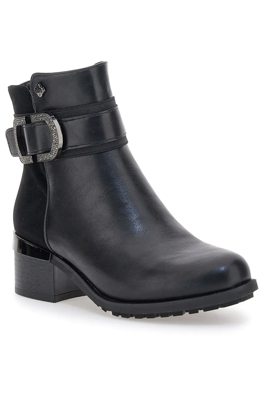 Gianmarco Venturi TR0330 schwarze Stiefeletten mit Riemen und Schnalle, mittlerer Absatz