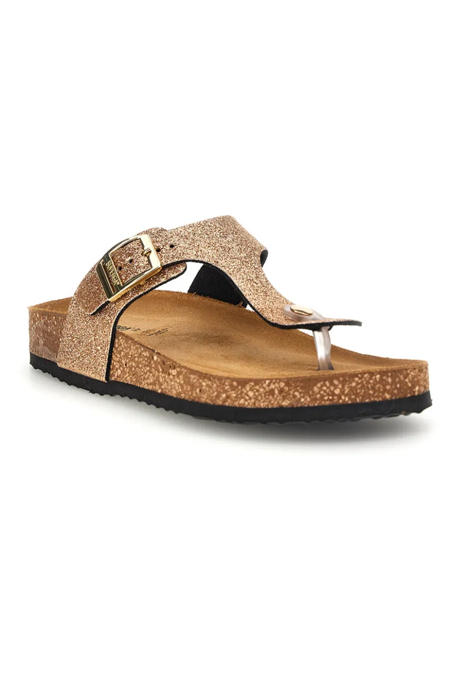 Goldfarbene Zehenstegslipper mit Glitzer und Lederinnensohle Superga S31Y820