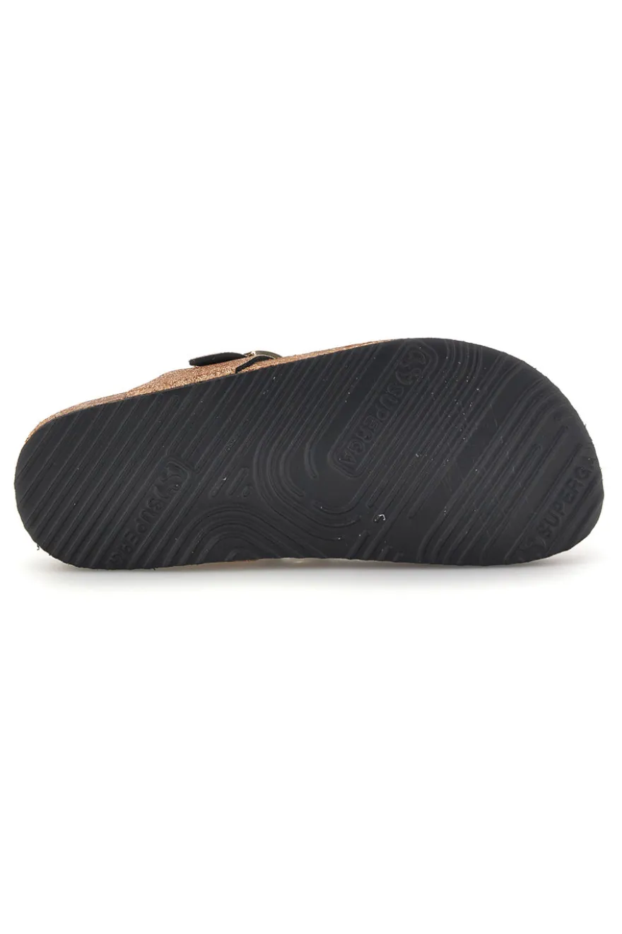 Goldfarbene Zehenstegslipper mit Glitzer und Lederinnensohle Superga S31Y820