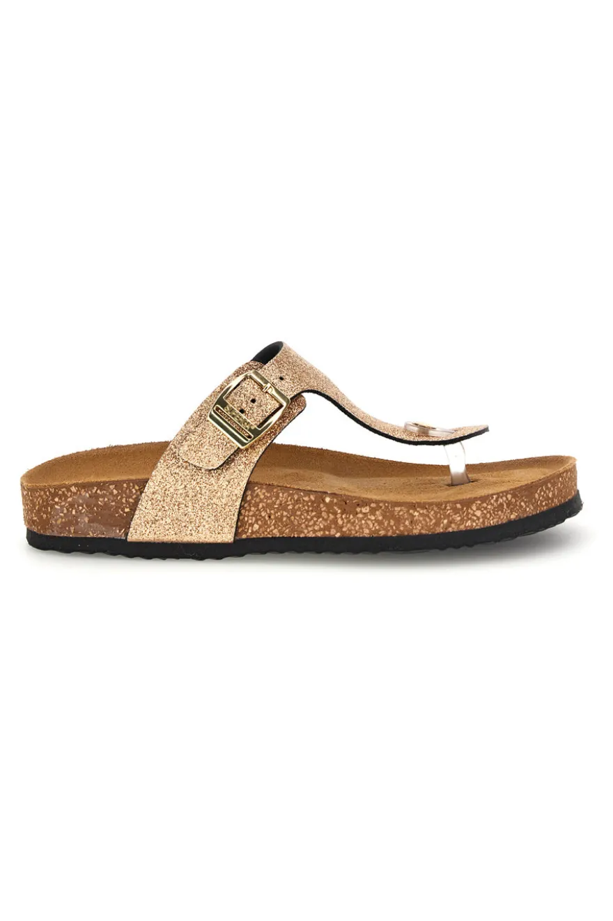 Goldfarbene Zehenstegslipper mit Glitzer und Lederinnensohle Superga S31Y820