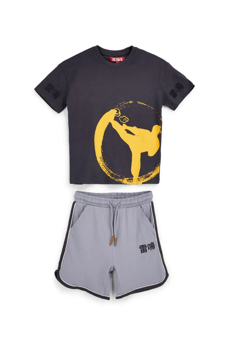 Graues Outfit mit T-Shirt und Shorts Pitt Kinder PT-B-SE-9029