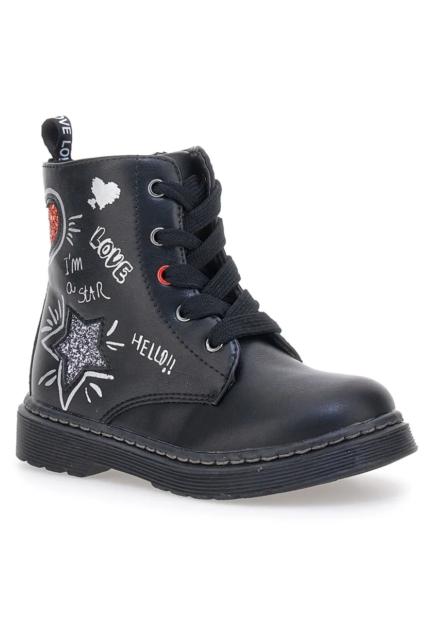 Grazia 1620 schwarze Stiefeletten mit Schriftzug und Glitzer