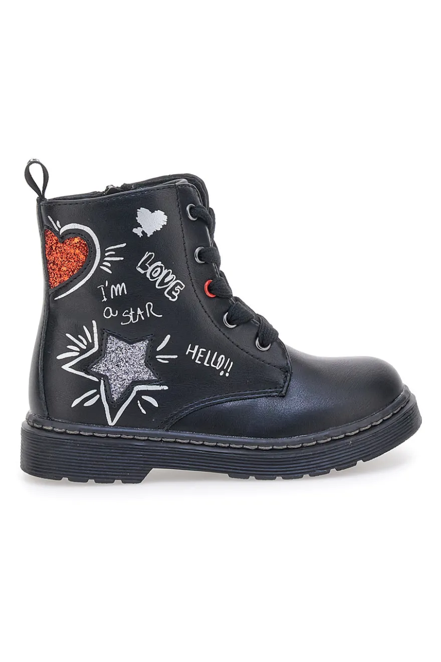 Grazia 1620 schwarze Stiefeletten mit Schriftzug und Glitzer