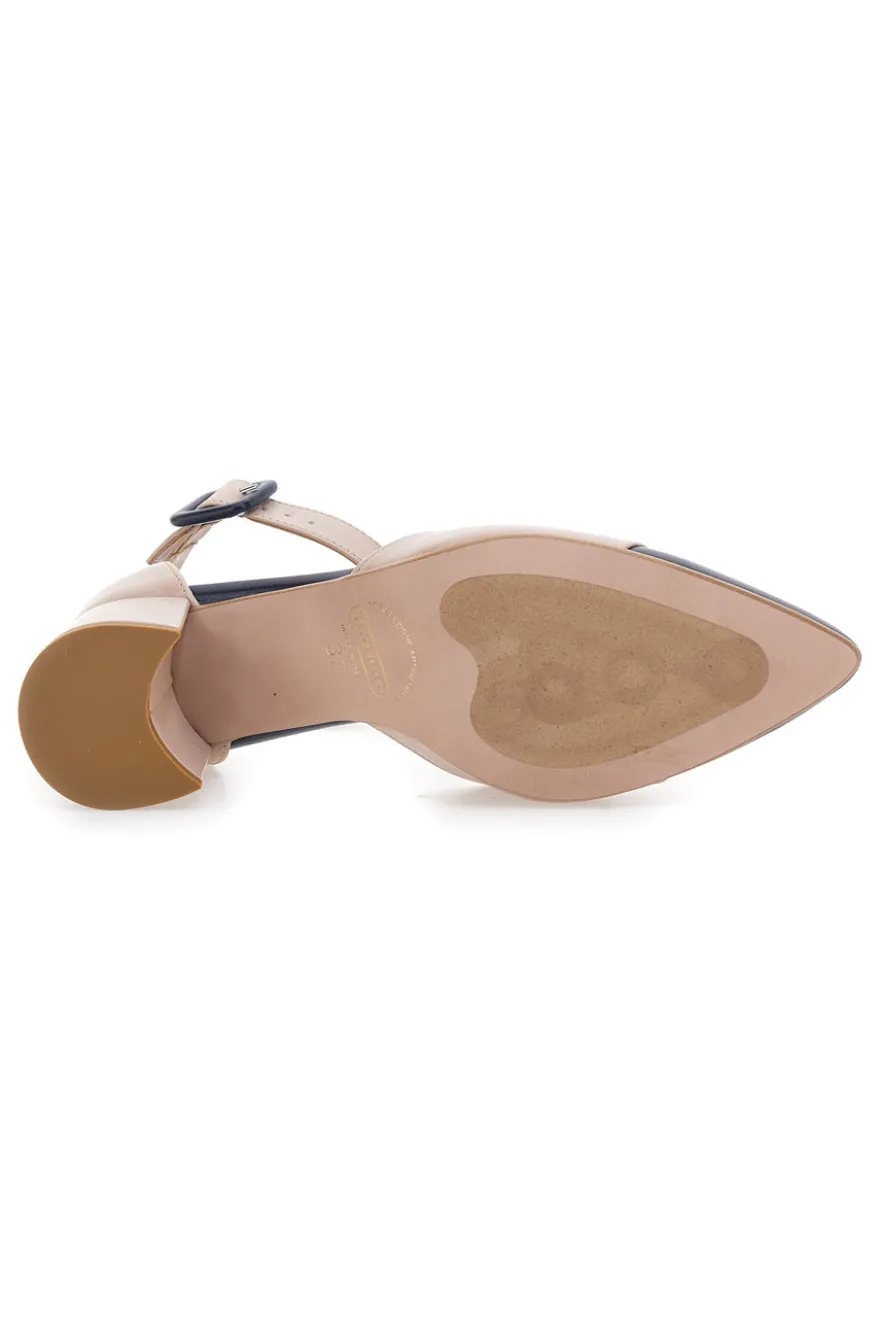 Hautfarbene Pumps mit blauer Spitze und Blockabsatz PICTARELLO 113