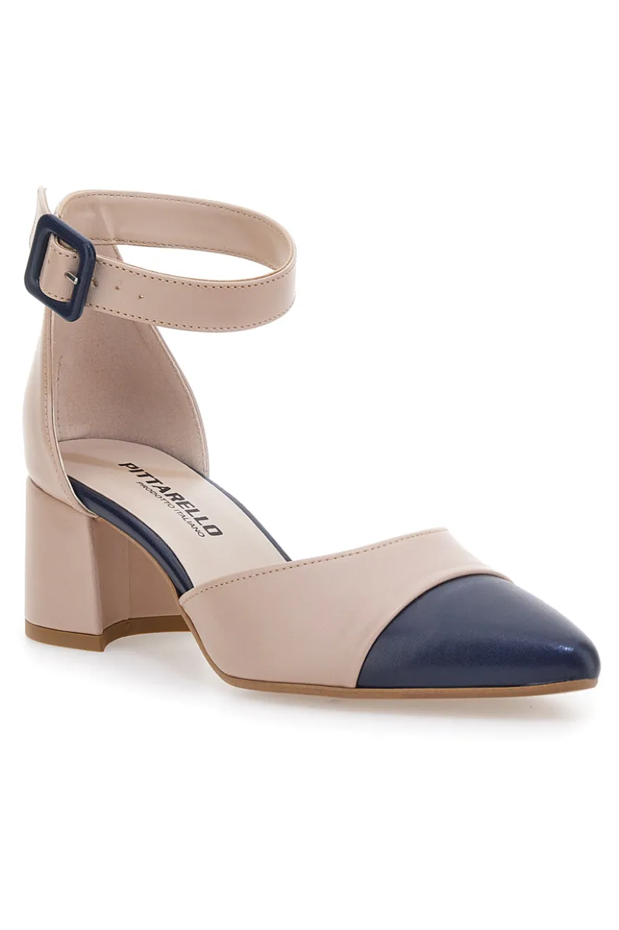 Hautfarbene Pumps mit blauer Spitze und Blockabsatz PICTARELLO 113